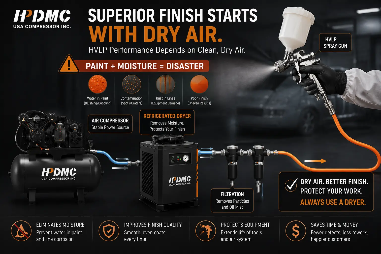 Industrial air compressor and HVLP spray system promoting dry-air painting for superior finish quality.