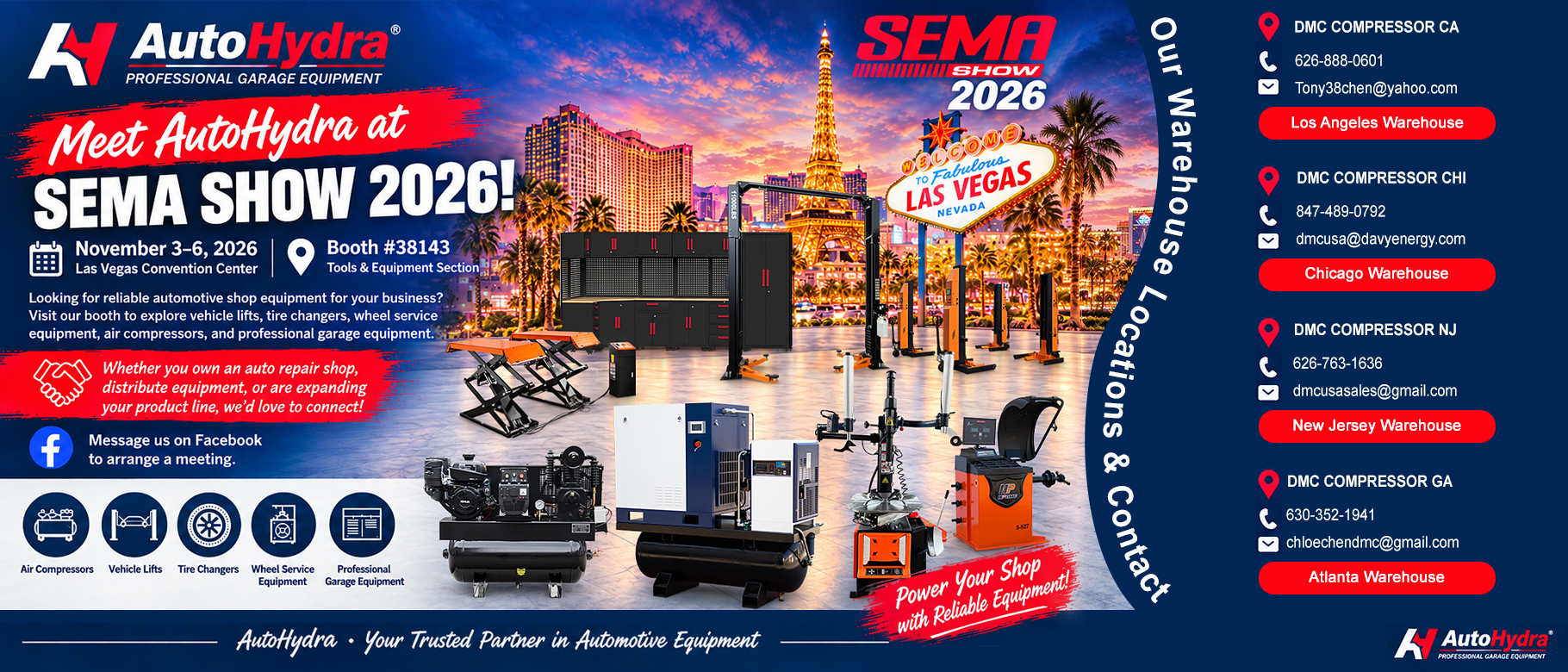 Promotional banner for AutoHydra at the SEMA Show 2026 in Las Vegas, featuring garage equipment.