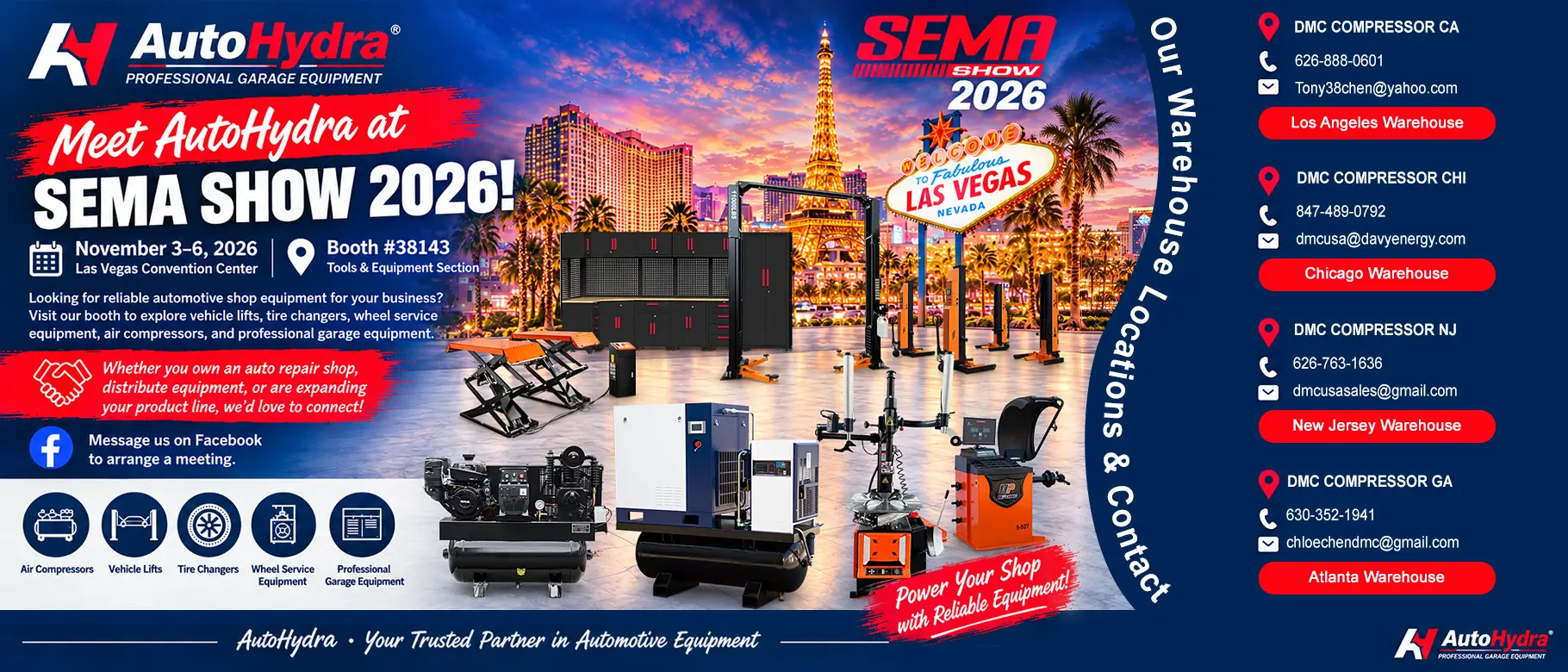 Promotional banner for AutoHydra at the SEMA Show 2026 in Las Vegas, featuring garage equipment.