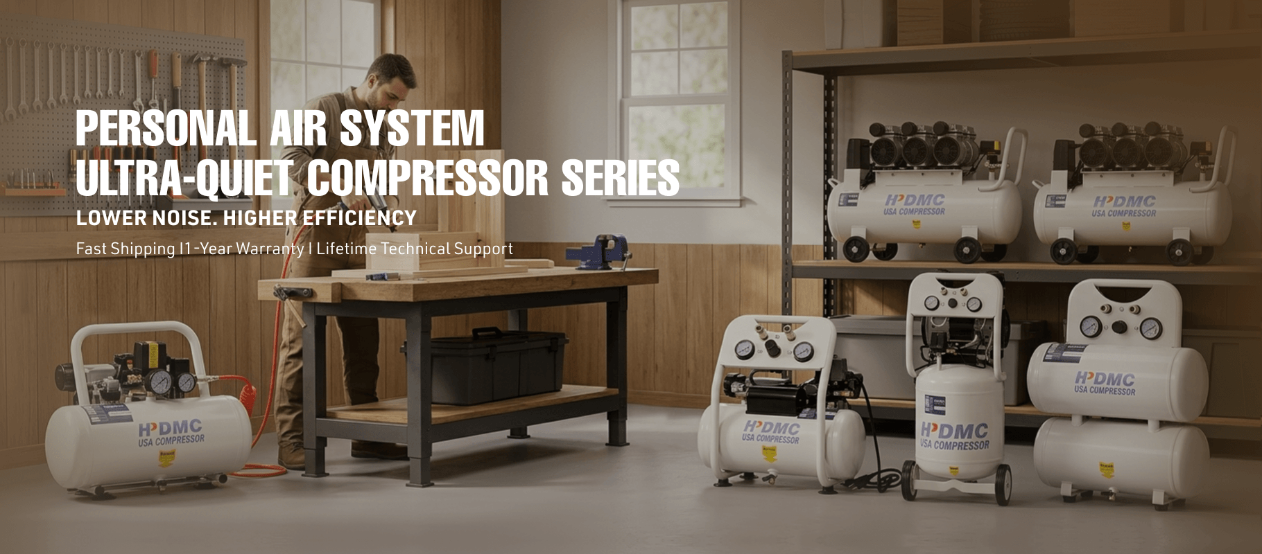 A workshop scene featuring multiple white HPDMC air compressors on shelves and floor, with a man at a workbench.