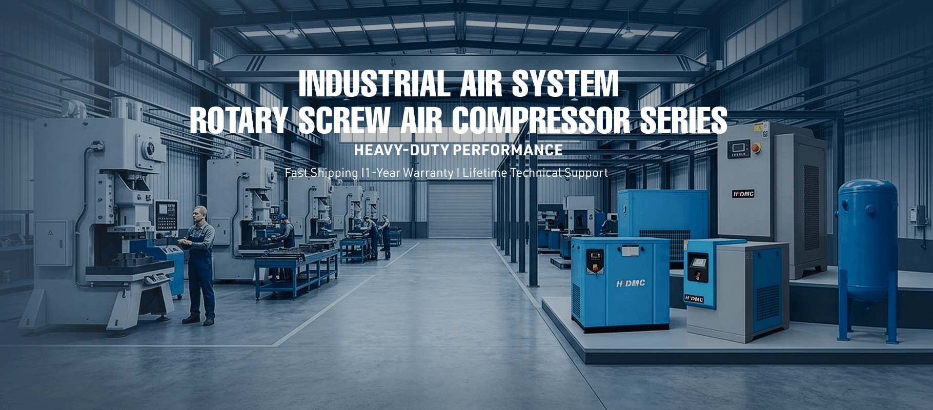 Industrial factory scene with blue rotary-screw air compressors, machinery, and a worker in a clean, modern workshop.