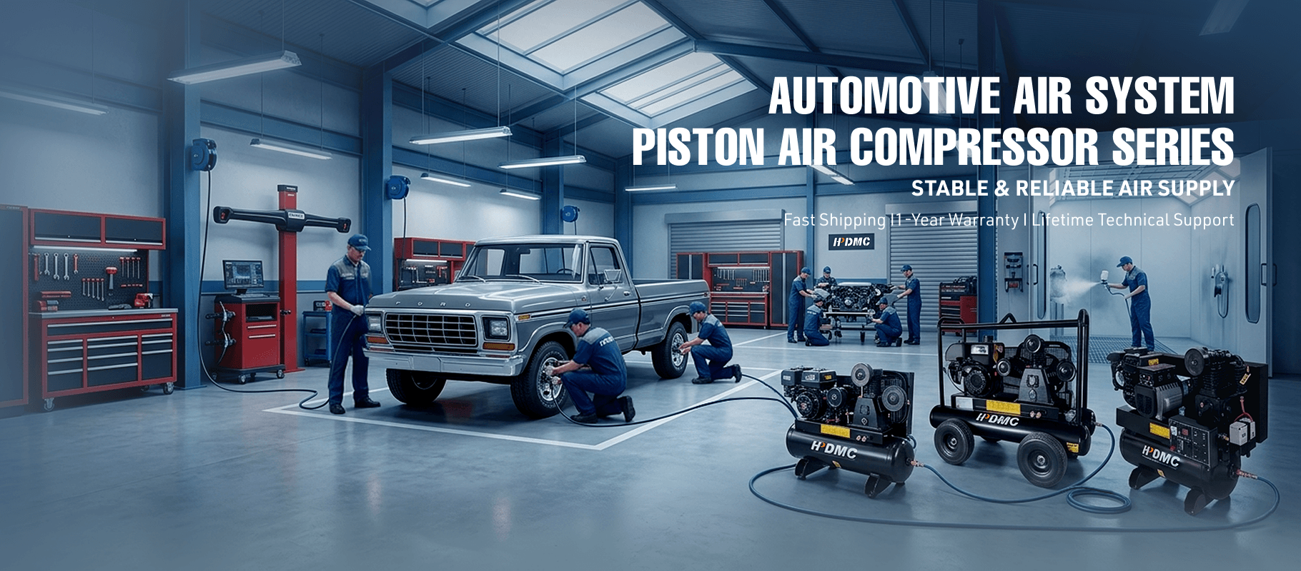 A modern automotive workshop with mechanics servicing a pickup truck and showcasing piston air compressors.