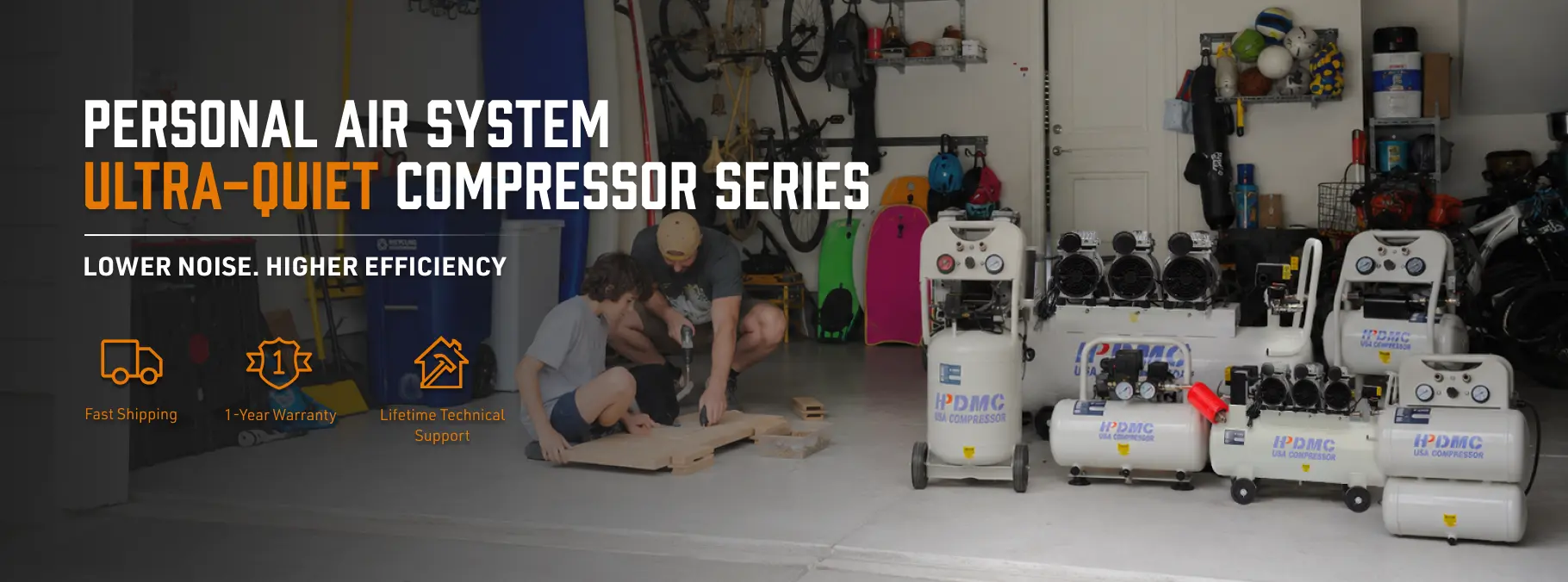 Garage scene featuring ultra-quiet personal air compressors with people assembling tools.