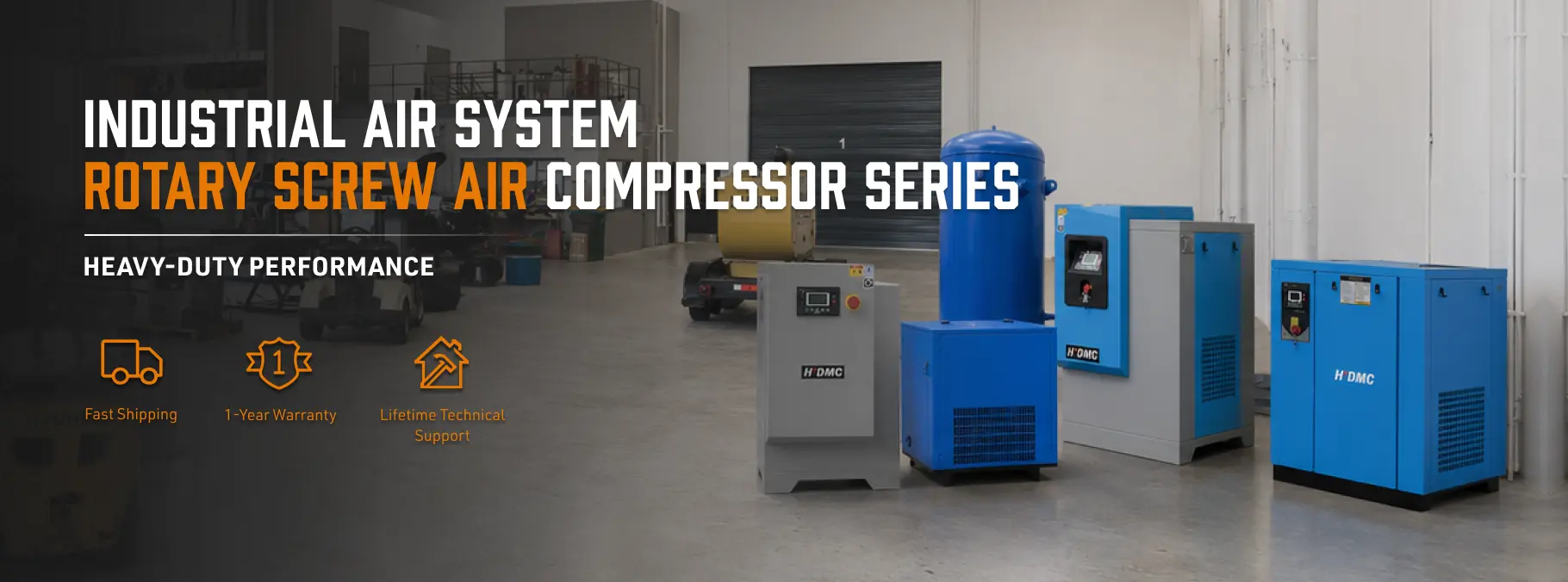 Industrial rotary screw air compressors in a factory setting, featuring blue and gray units with performance branding.