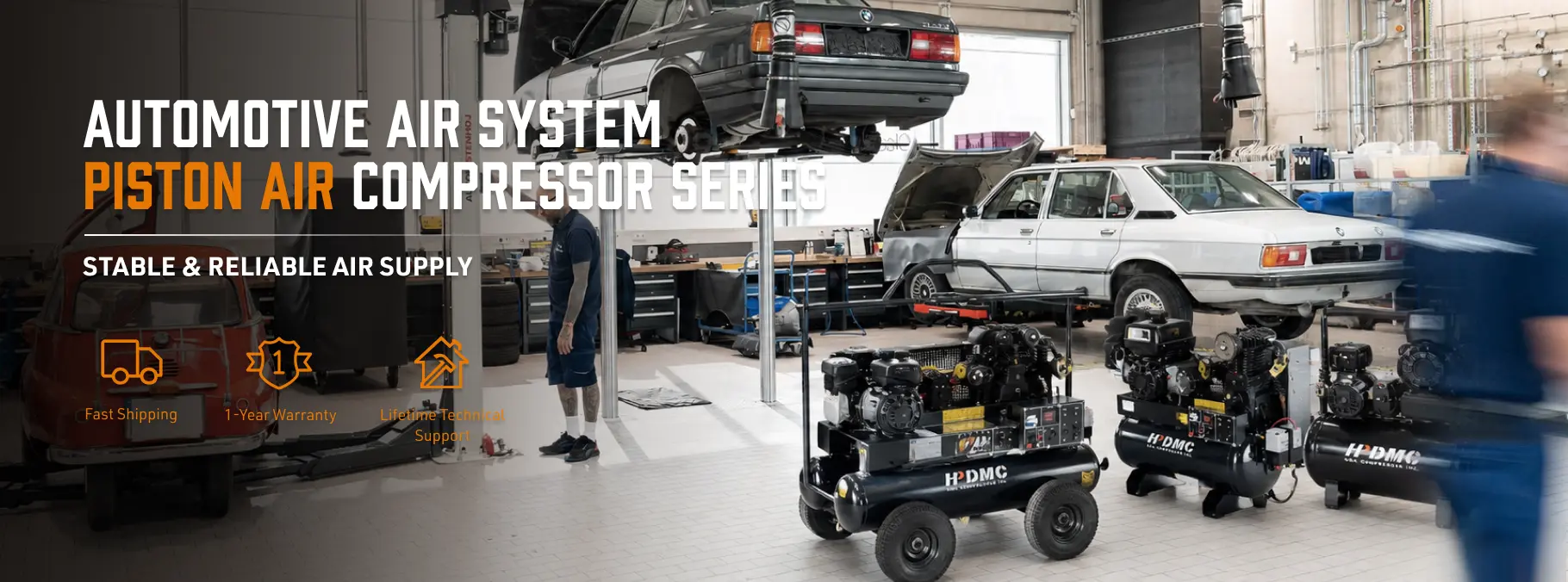 Industrial workshop scene with piston air compressors, lifted cars, and mechanics at work.