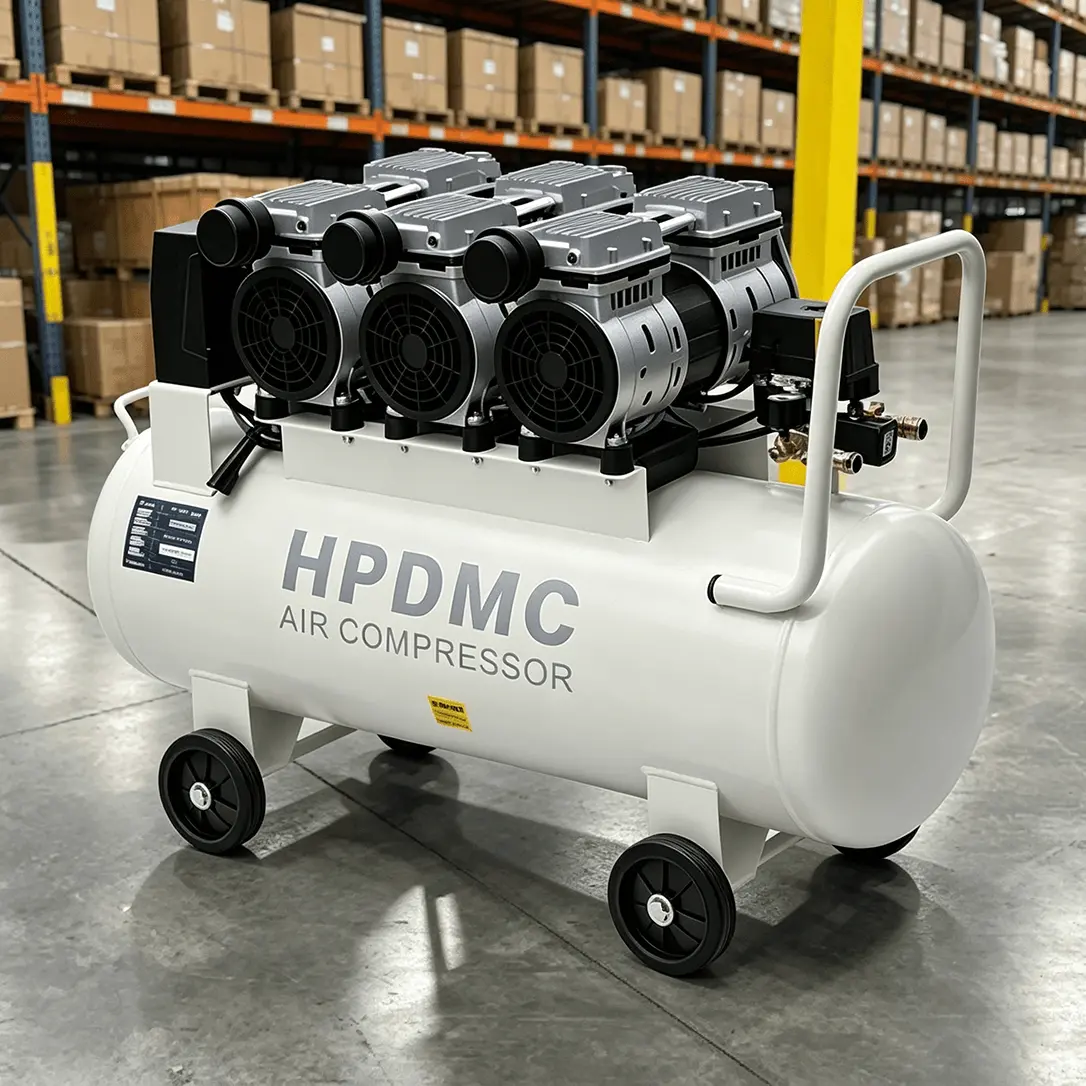 White HPDMC air compressor with four motors on wheels.