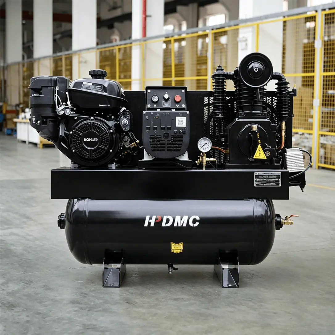 HPDMC industrial piston air compressor with Kohler engine.