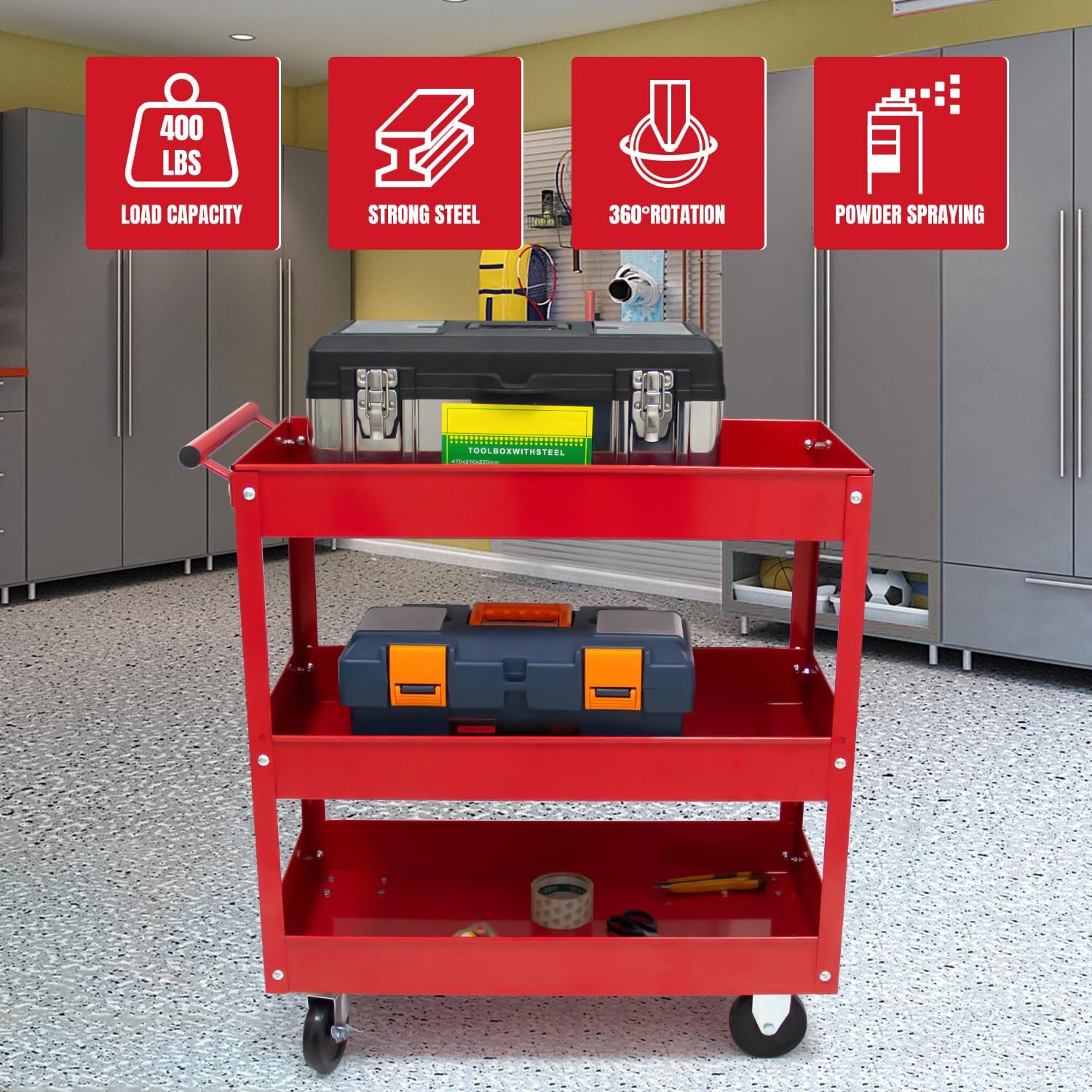 3-Tier Service Cart 400 lbs Capacity Metal Cart on Wheels Stainless Steel Utility Cart for Garage Warehouse Workshop